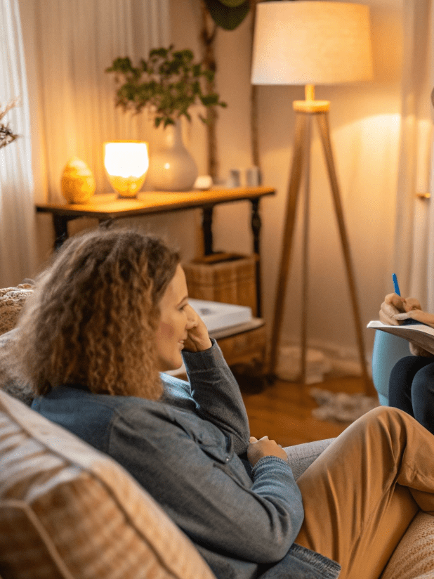 Client in session-crop a client in a therapy room talking to their therapist. unlock your potential