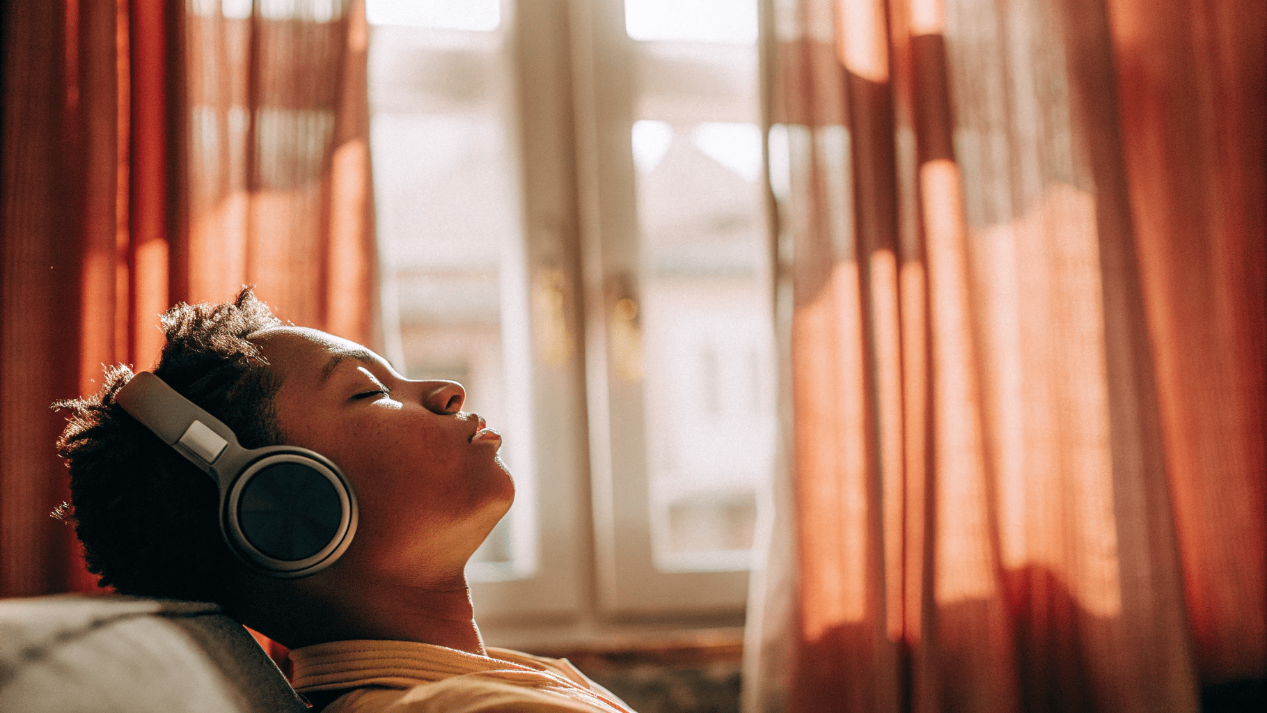 Immersion someone relaxed listening to a downloaded audio file. ready to take a moment to unwind