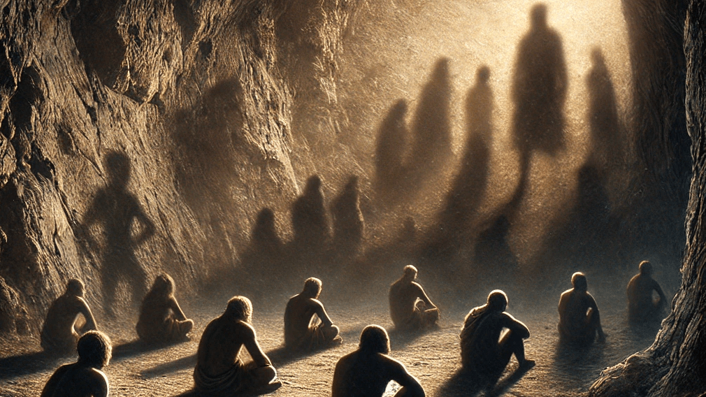 Platos-cave a group of prisoners starting at the shadows on the wall questioning if it's real life or fantasy
