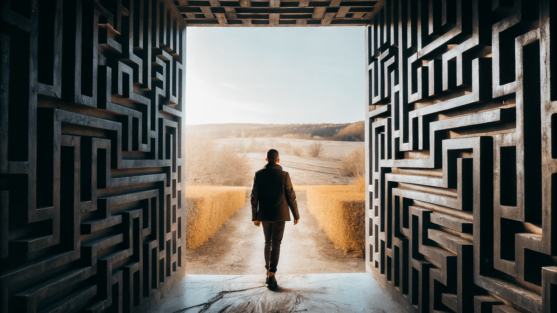 a person emerging from a maze to a bright clear landscape having navigated the roadblocks using the 5 w’s of change
