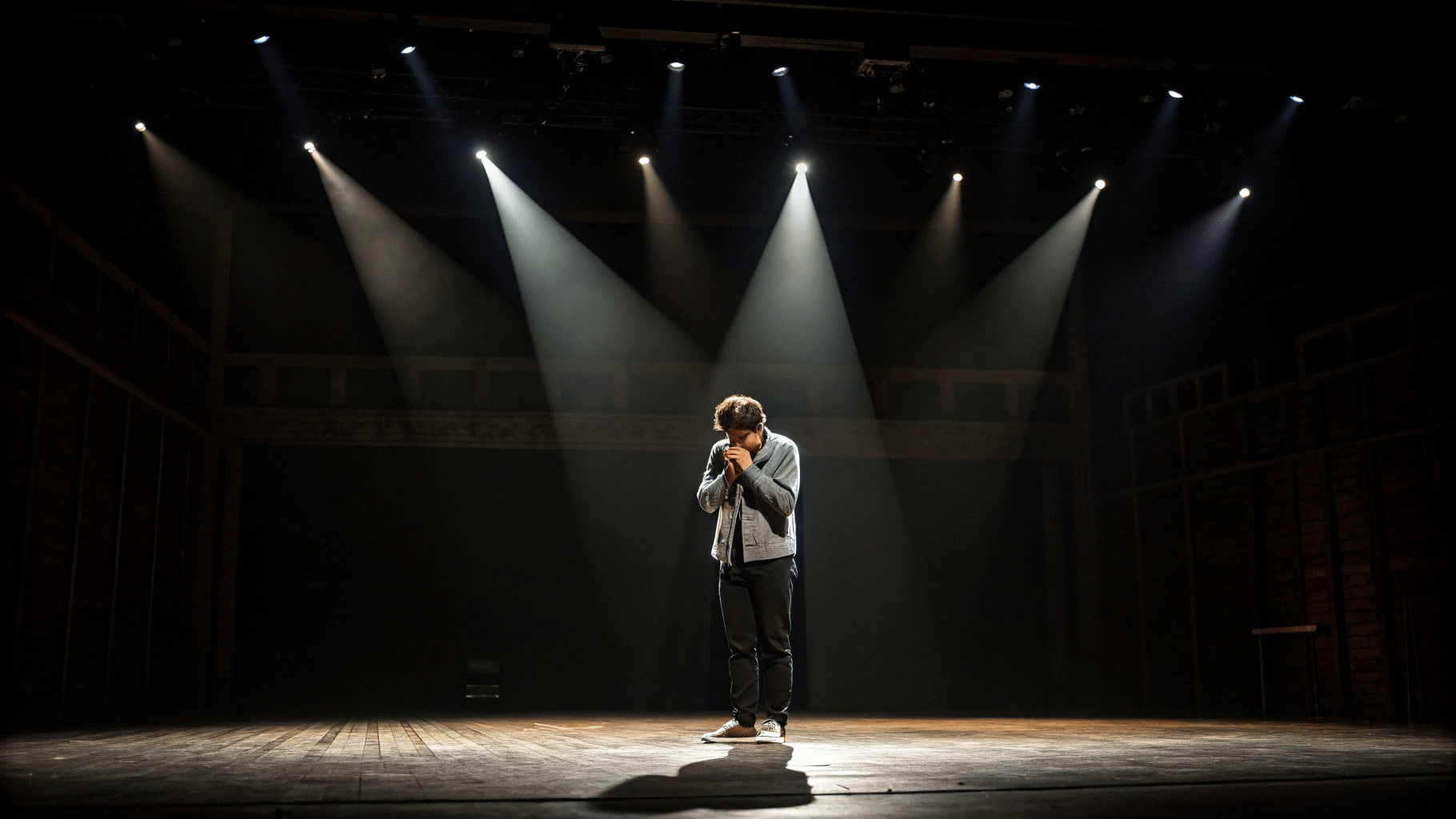 a performer in the spotlight looking uncomfortable