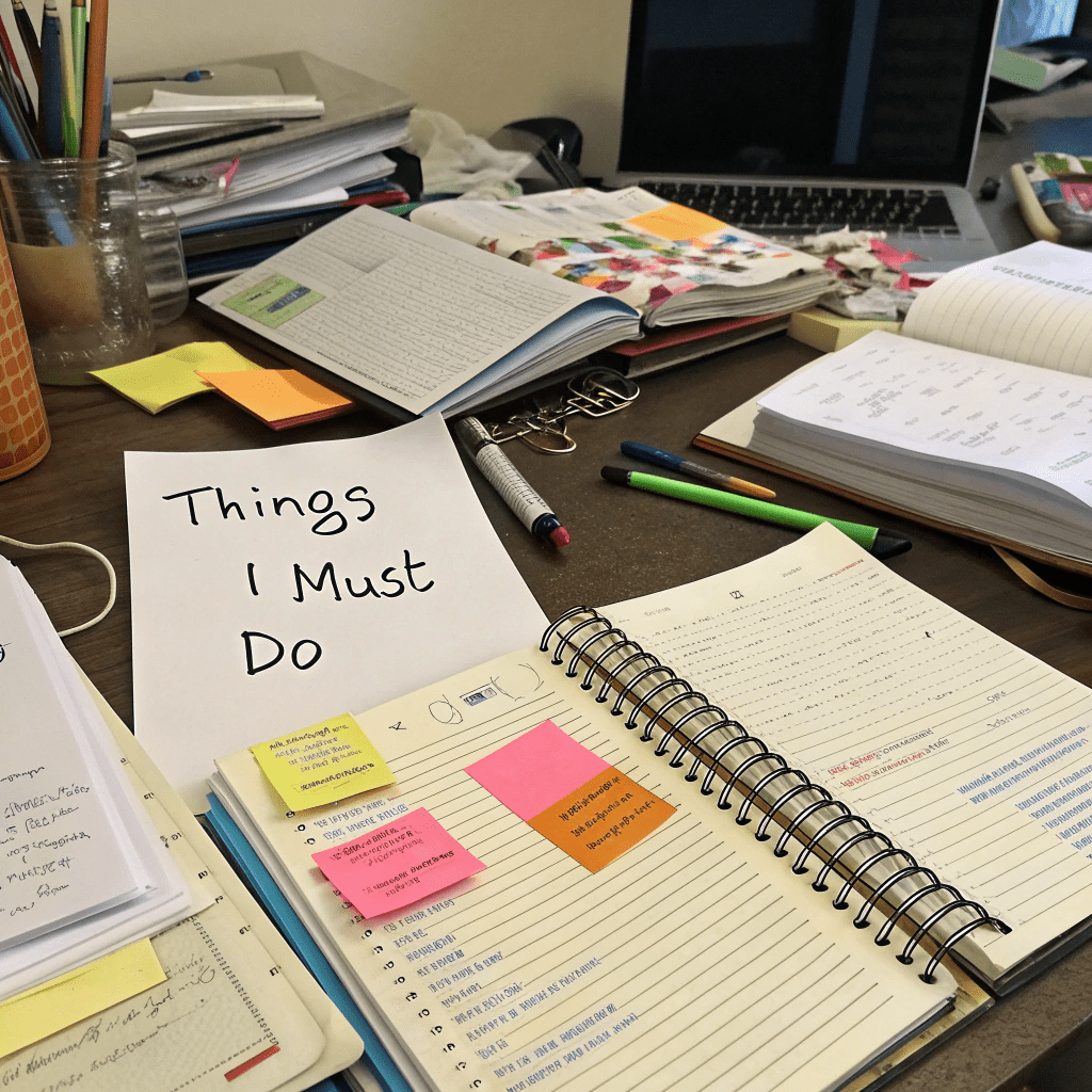 a cluttered desk on which is a note saying "things i must do" and some tools for change
