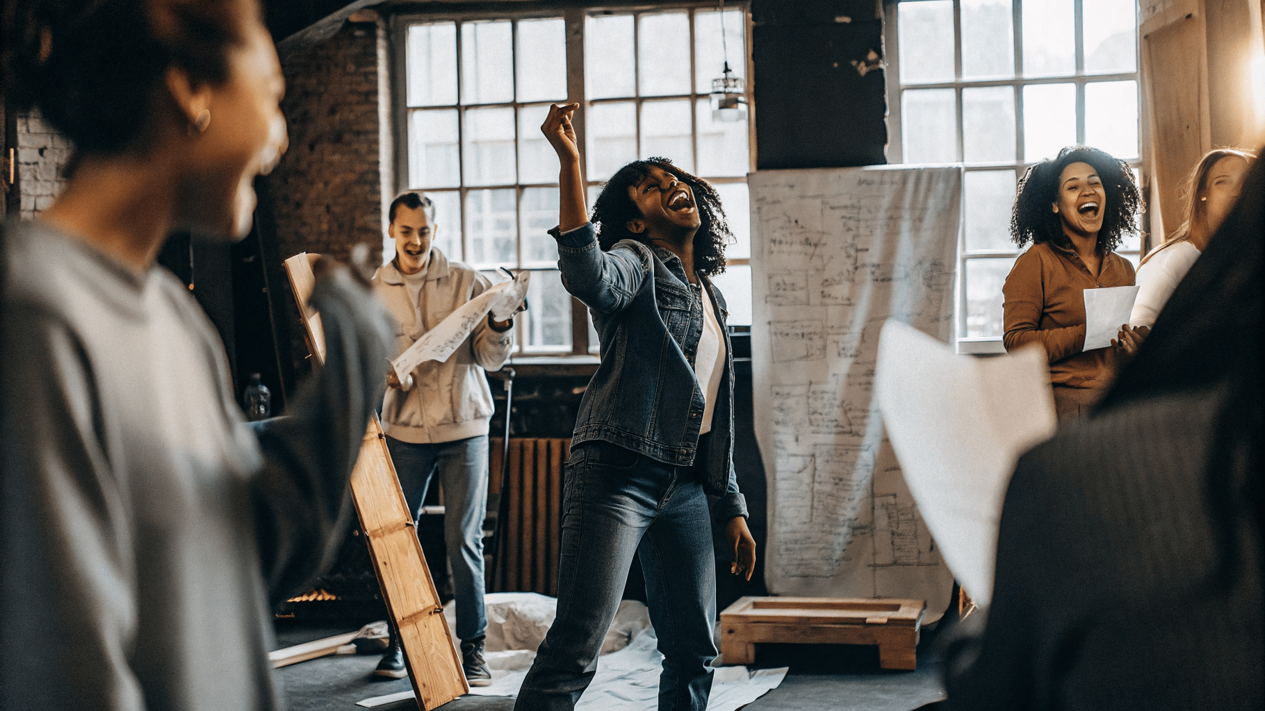 a group of people in a workshop having lots of fun