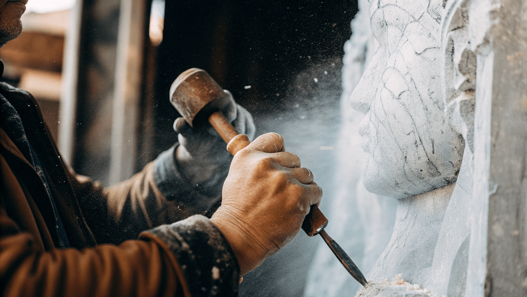 A close up of a sculptor revealing the angel hidden in the marble. Showing that steady progress helps to make a change
