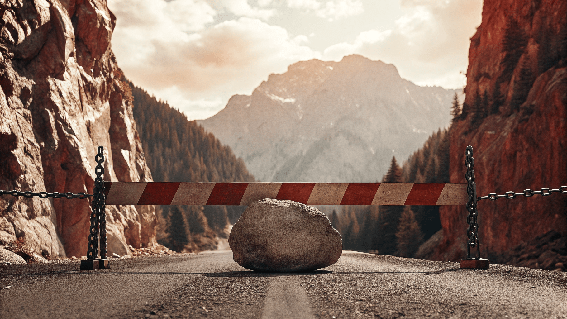 A roadblock with a big bolder in front of it blocking a road through the mountains 
