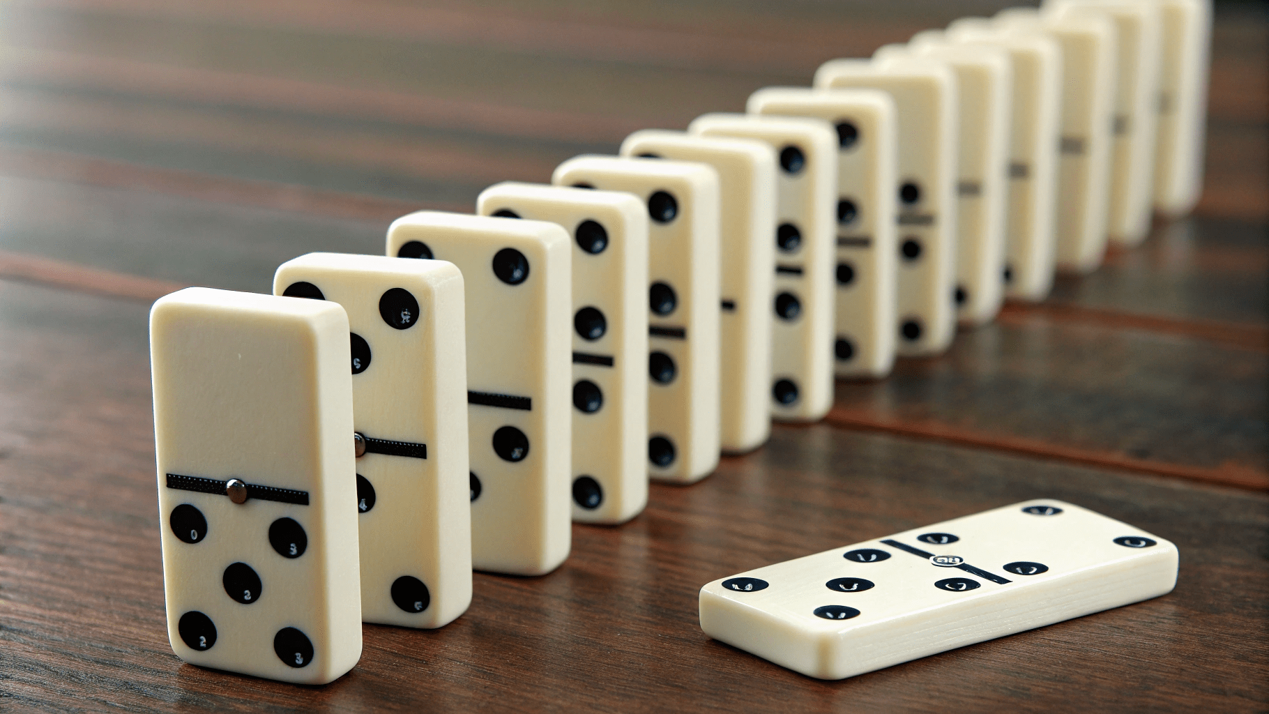 A row of dominoes stacked on their end ready to fall over