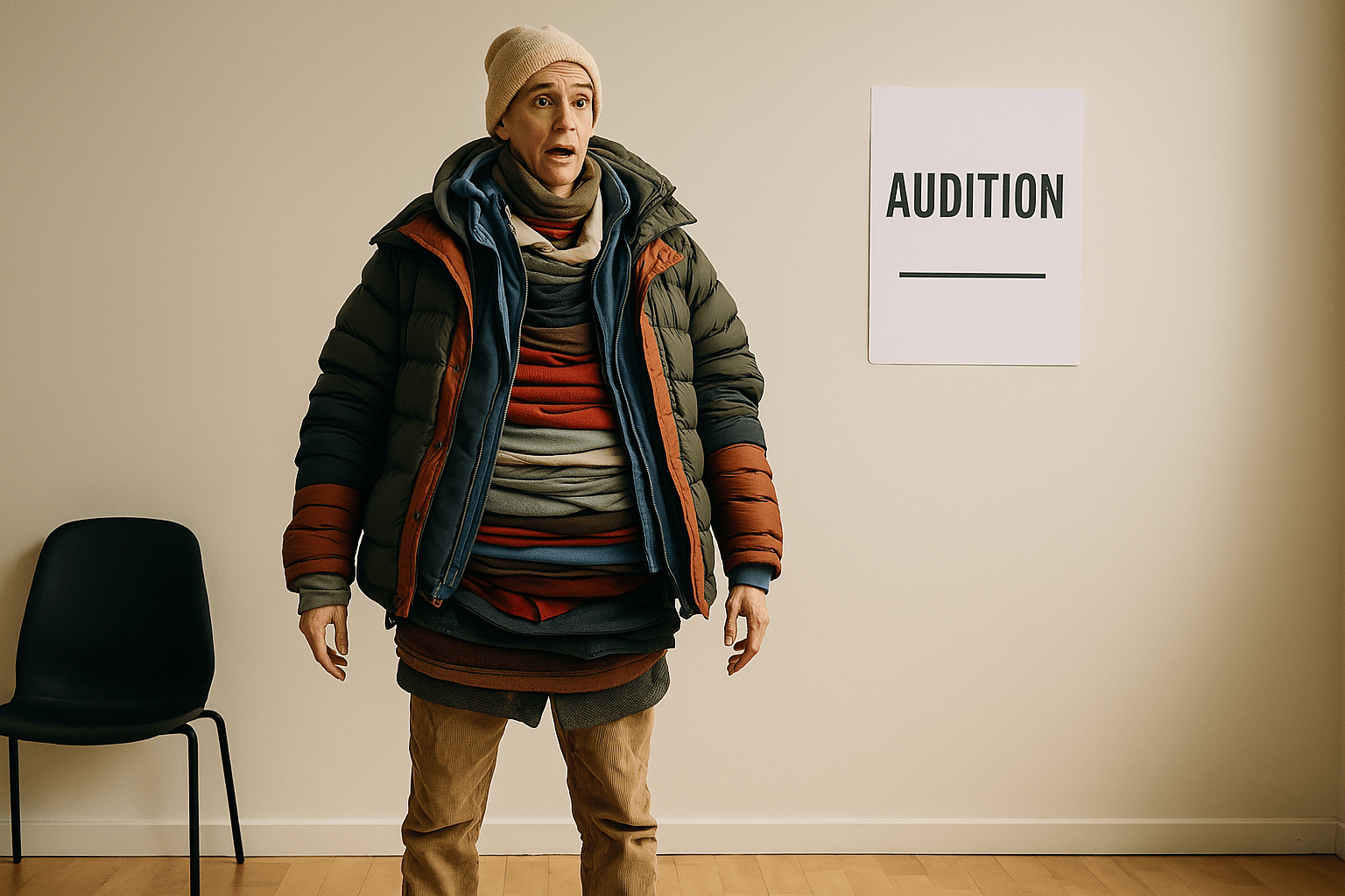 someone going to an audition wearing all the clothes in their wardrobe to show how imposter syndrome in actors can make you feel completely out of shape with your life