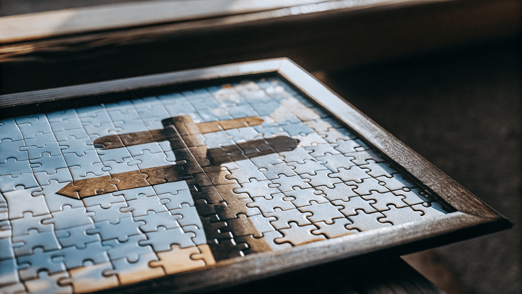 a close up of a partially completed jigsaw puzzle. the image on the puzzle is of a signpost indicating different directions against a blue sky