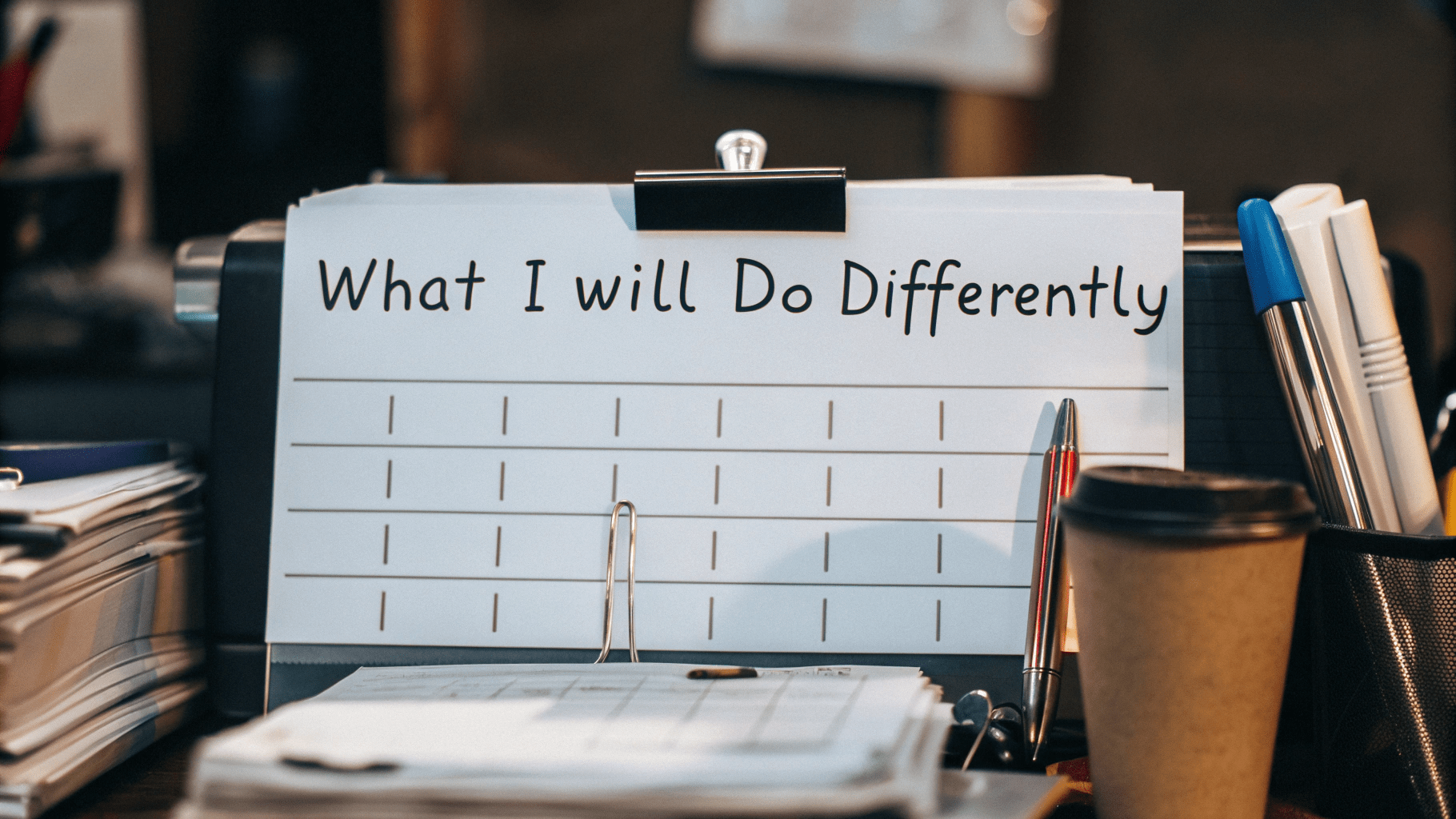 A checklist on a busy desk with the words "what I will do differently" written on it
