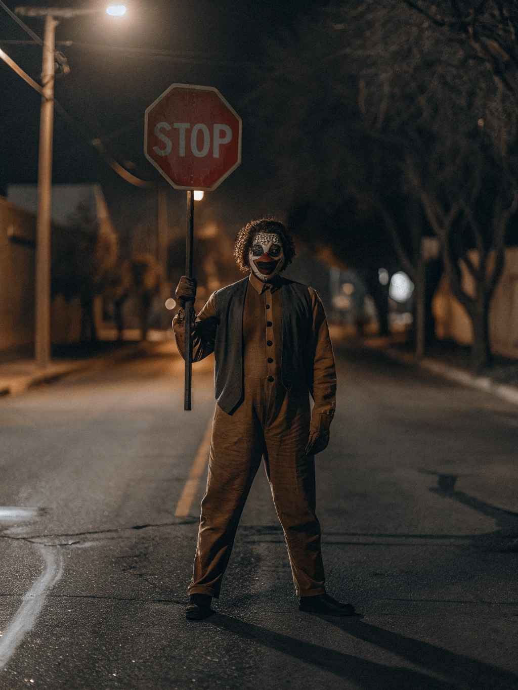 street-clown a person in a clown garment holding a stop sign - incdciating how imposter syndrome needs to be overcome