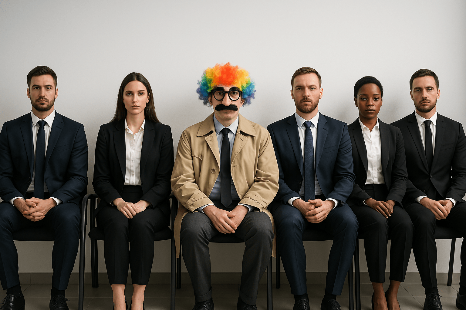A waiting room with a person wearing a ridiculous disguise that shows how imposter syndrome in actors makes you feel out of step
