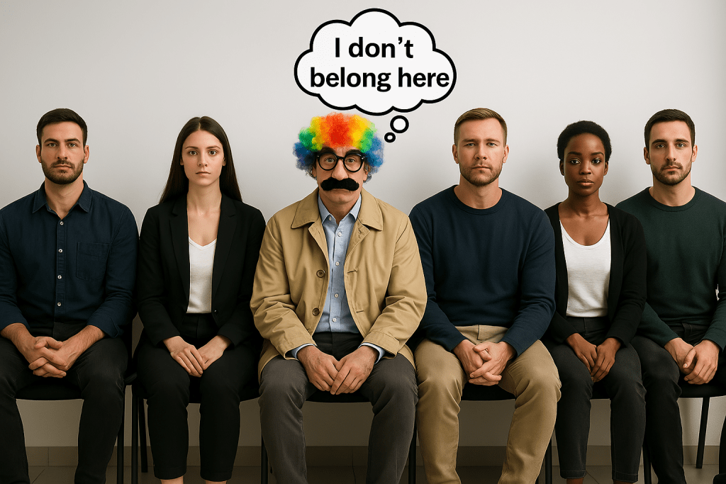 Exploring your inner compass 5 a group of actors waiting for an autditon. in the middle and actor in disguise to illustrate imposter syndrome in actors