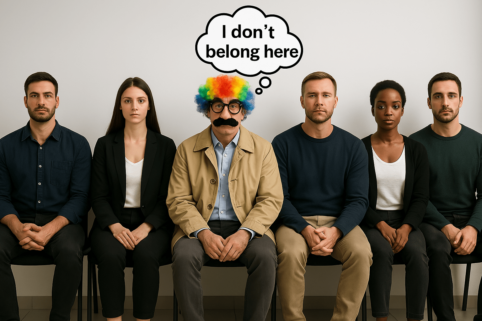 a group of actors waiting for an autditon. in the middle and actor in disguise to illustrate imposter syndrome in actors