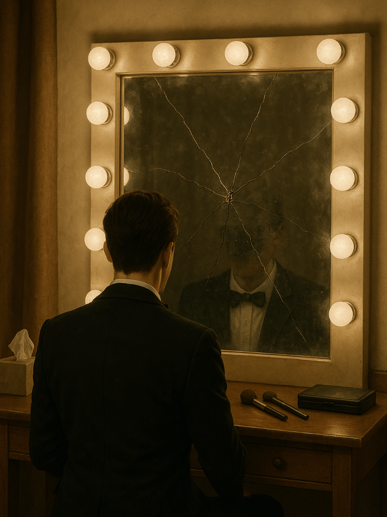 Cracked-actor-crop an actor staring into their dressing room mirror which is cracked so that their face is completely obscured
