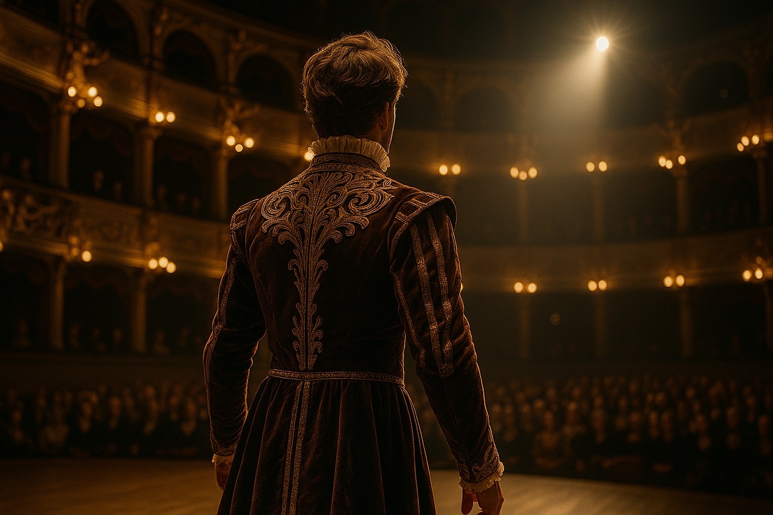 actor-reclaiming-presence an actor stepping out on stage regaining his presence