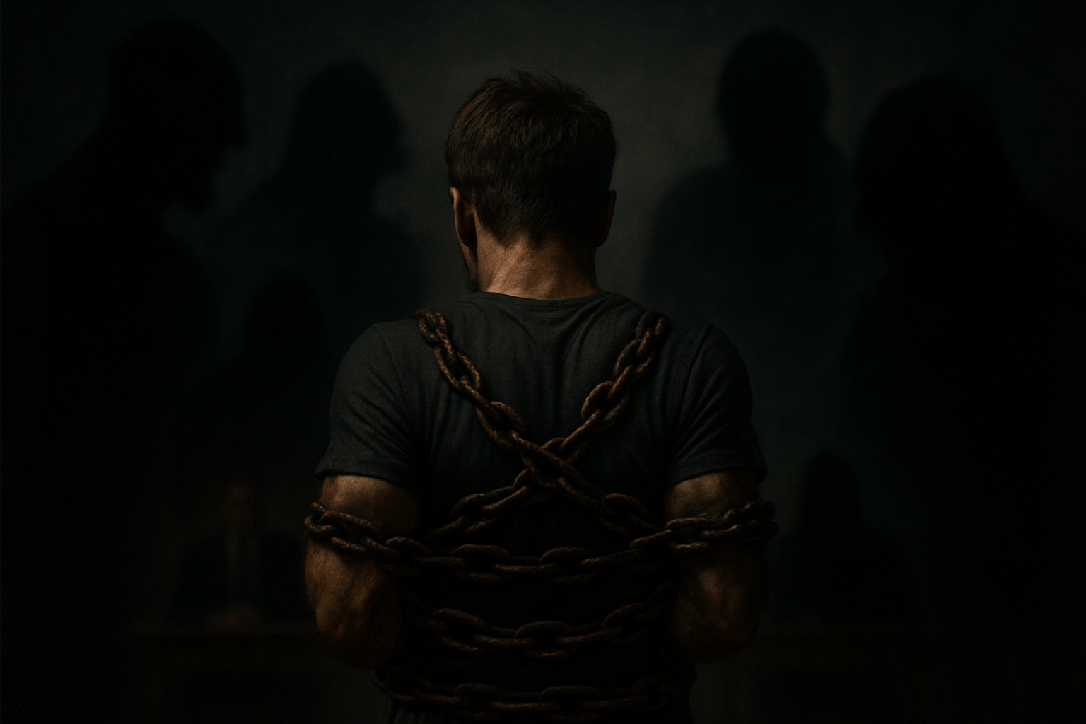 Actor bound in heavy chains facing an audition panel, surrounded by dark, looming shadows—illustrating the illusion of control caused by imposter thoughts and performance anxiety.