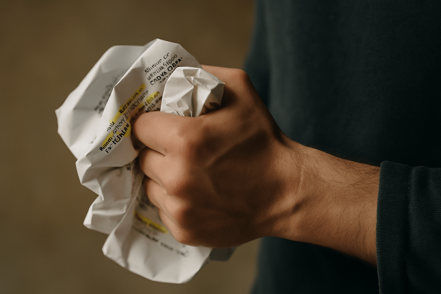 an actor holding their crumpled script where their imposter thoughts have undermined their audition mindset
