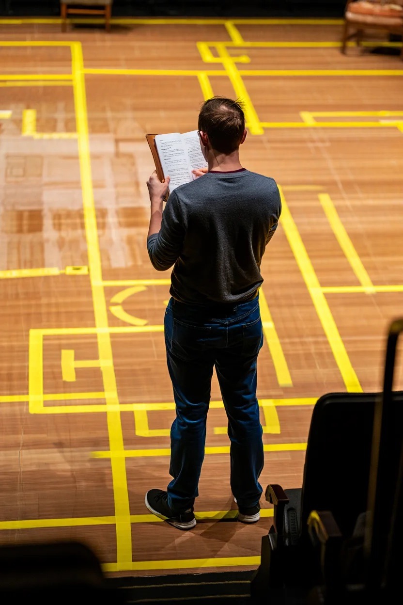 an actor lgoing over his blocking in his notes in a rehearsal room