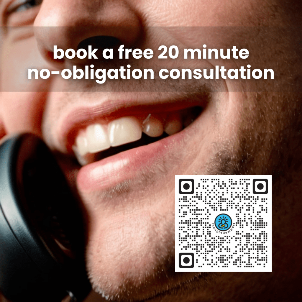 a smiling face of someone on the telephone and the text book a free 20 minute no-0obligation consultation
