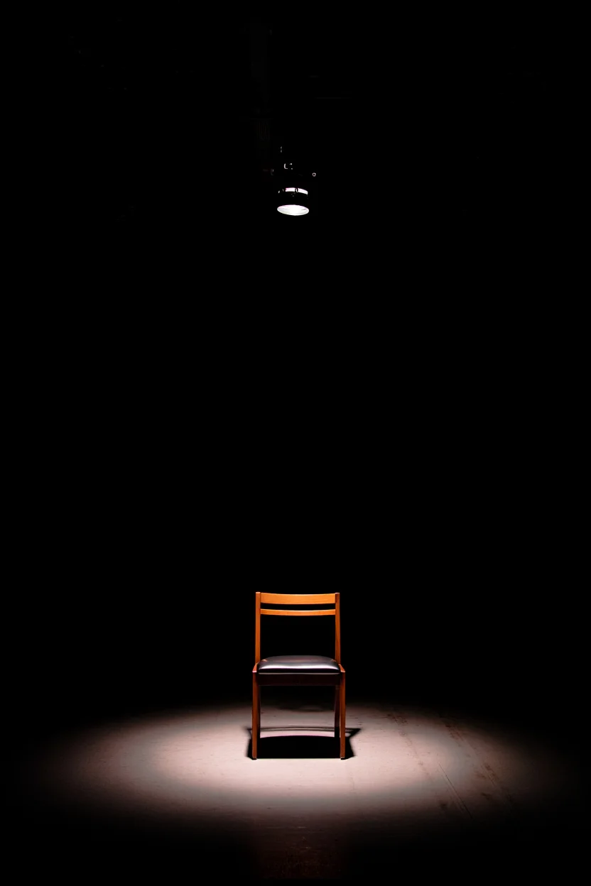 an empty chair on a dimly lit stage
