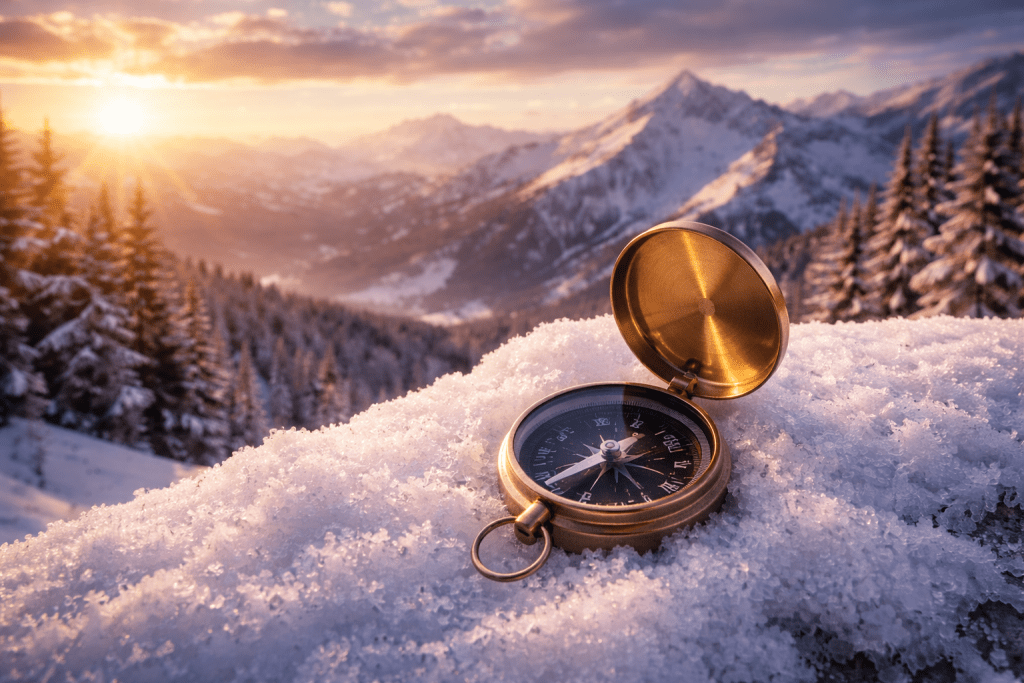 a compas in the snow illustrating new year resolutions